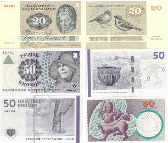 Seddel: 20 kr. 1983, 50 kr. 2001 og 50 kr. 2013