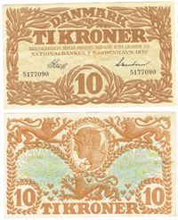 Seddel: 10 kr. 1930 uden bogstav i kv. 1+