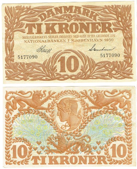 Seddel: 10 kr. 1930 uden bogstav i kv. 1+