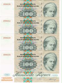 Seddel: 100 kr. 1996 F6962 i kv. 0 4 stk. fortløbende nr.