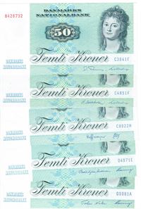 Seddel: 50 kr. 1984 - 1998 i kv. 1+ - 01 5 stk.